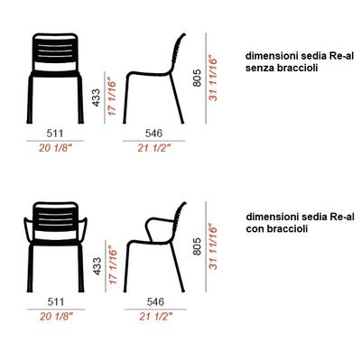 dimensioni sedia Re-al senza o con braccioli 